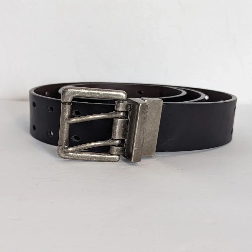 PGE Reversible Belt Black Brown‎ Accent Holes 2 Prong Silver Hardware Vegan